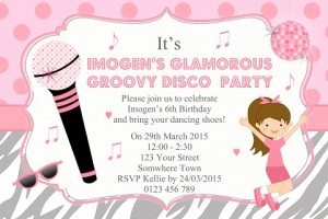 Girls pink Disco karaoke personalised birthday partyinvitations