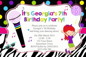 Girls Disco karaoke personalised birthday party invitations