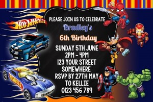 Hot Wheels and Avengers 1 personalised invitation