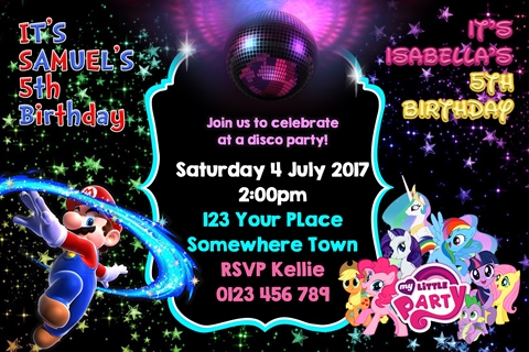 Mario and My Little Pony disco party invitations