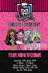 girls pink Monster High personalised birthday party invitations