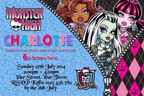 girls Monster High personalised birthday party invitations