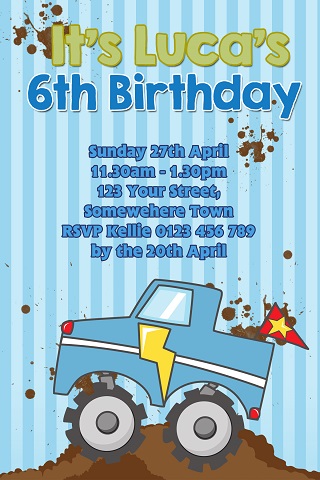 cartoon boys blue Monster Truck personalised invitations