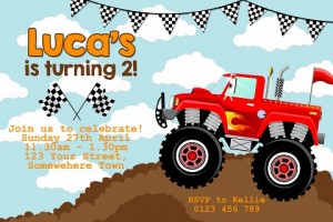 boys red monster truck birthday party invitations