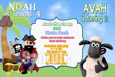 Pirate and Shaun the Sheep personalised invitation