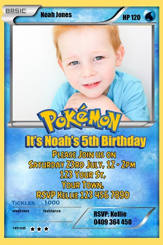 Pokemon card photo birthday party invitations