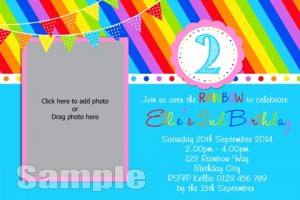 Rainbow blue bright birthday party invitations