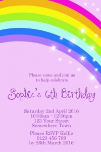 Rainbow purple star personalised birthday party invitations