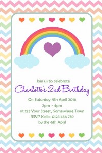 Rainbow pastel heart personalised birthday party invitations