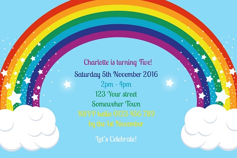 Rainbow personalised birthday party invitations