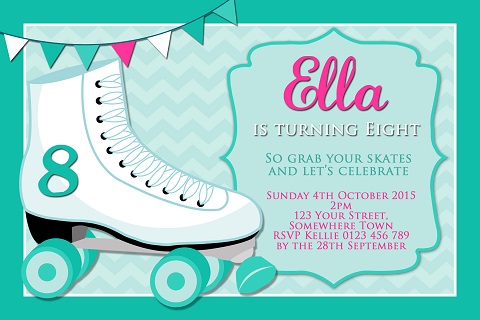 girls mint pink Roller Skating birthday party invitations