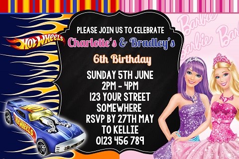 Barbie and Hot Wheels 2 personalised invitation