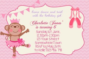girls Ballerina Monkey ballet birthday party invitation