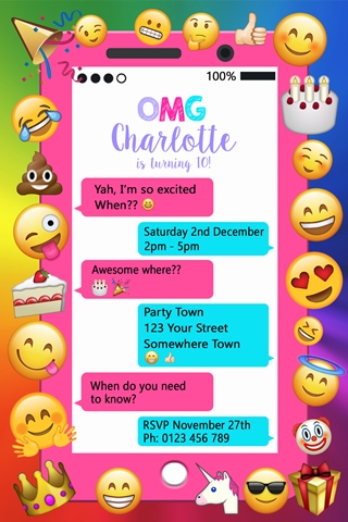 personalised emoji birthday girl boy party invite and invitation