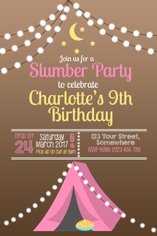 girls Glamping tent birthday party invitation, tent invite