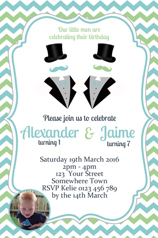 twin Little Man Invitation 1st birthday invite