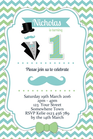 Little Man Invitation green blue mustache bow tie invitation