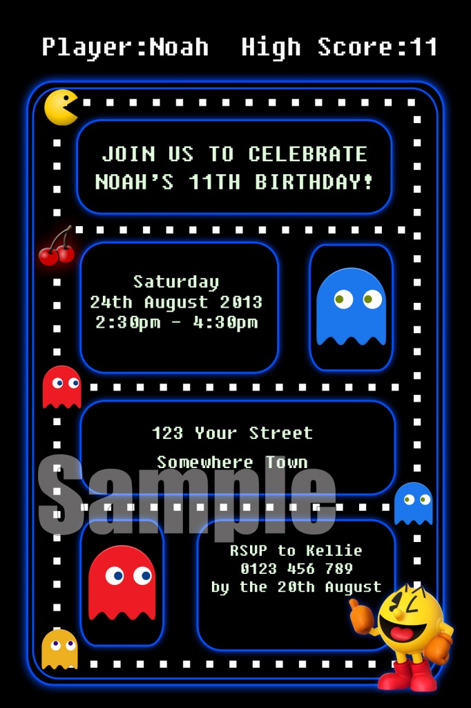 retro Pacman game birthday party invitation