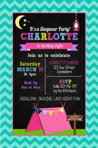 girls sleepover glamping tent invitation invite birthday party