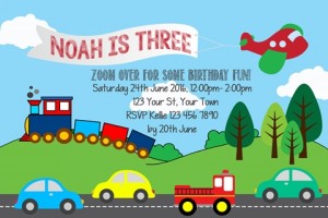 boys Transportation car train plane truck birthday party invitation