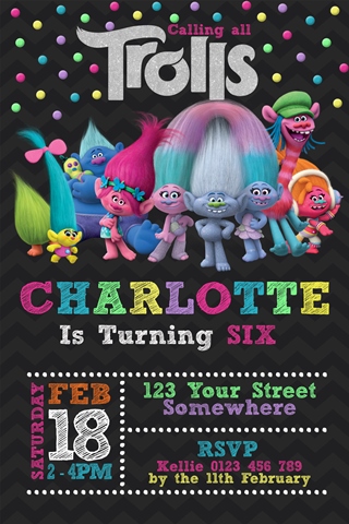 Trolls rainbow coloured personalised birthday party invitation