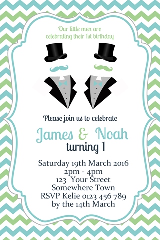 Twin Boys Little Man Invitation 1st birthday