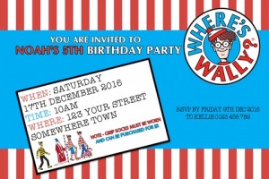 Where's Wally red blue themed personalised birthday party invite