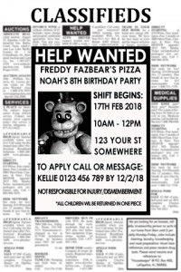 FNAF five nights at Freddy's birthday party invite invitation