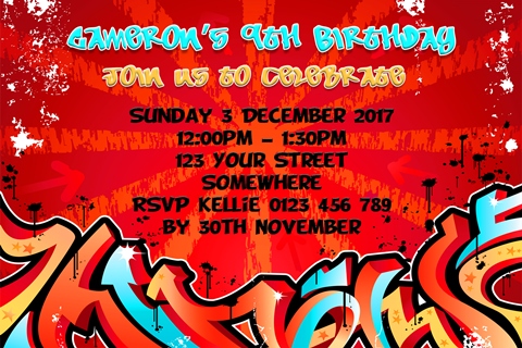 personalised graffiti birthday invites and invitations for pre teens and teenagers