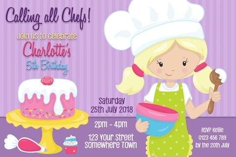 Girls cooking and baking birthday party invitation and invite pastel pink purple blue cake