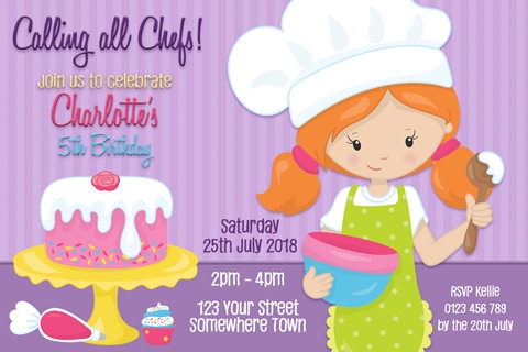 Girls cooking and baking birthday party invitation and invite pastel pink purple blue cake