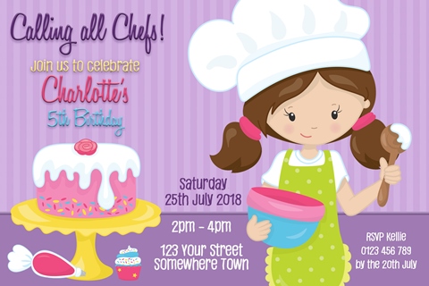 Girls cooking and baking birthday party invitation and invite pastel pink purple blue cake