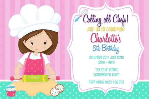 Girls cooking and baking birthday party invitation and invite pastel pink teal blue cake