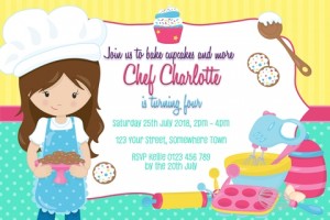 Girls cooking and baking birthday party invitation and invite pastel pink purple blue cake yellow