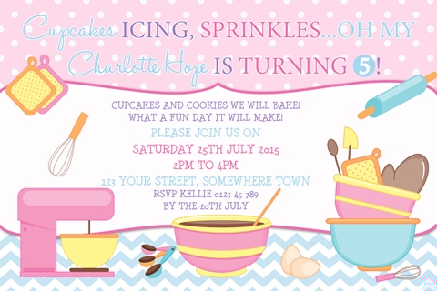 Girls cooking and baking birthday party invitation and invite pastel pink purple blue