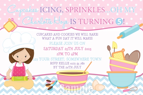 Girls cooking and baking birthday party invitation and invite pastel pink purple blue