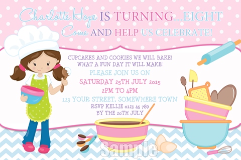 Girls cooking and baking birthday party invitation and invite pastel pink purple blue