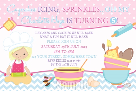 Girls cooking and baking birthday party invitation and invite pastel pink purple blue