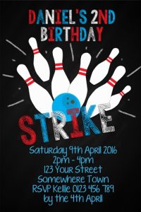 boys red blue strike bowling invitations