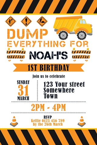 boys dumptruck construction party invitation