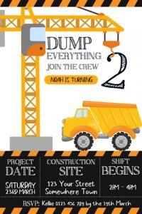 boys dump truck crane construction party invitation