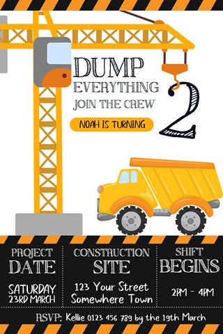 boys dump truck crane construction party invitation