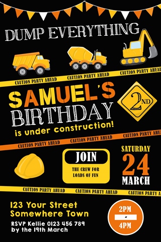 boys dumptruck construction party invitation