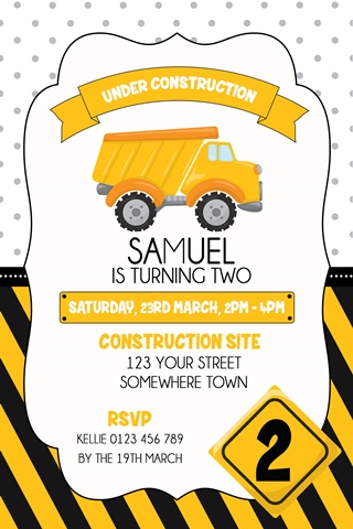 boys dumptruck construction party invitation