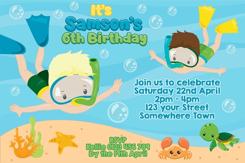 Boys under water sea snorkel birthday party invitation