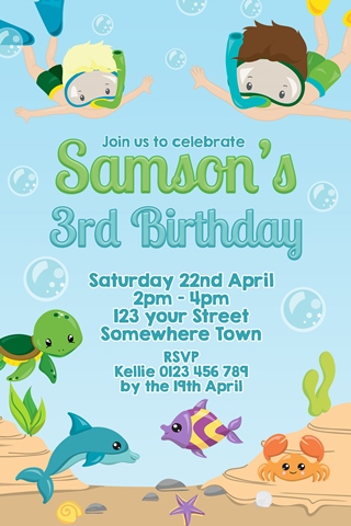 Boys under water sea snorkel birthday party invitation