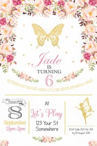 floral gold glitter butterfly and fairy invitation