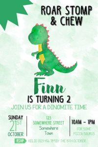 green watercolour dinosaur birthday party invitation