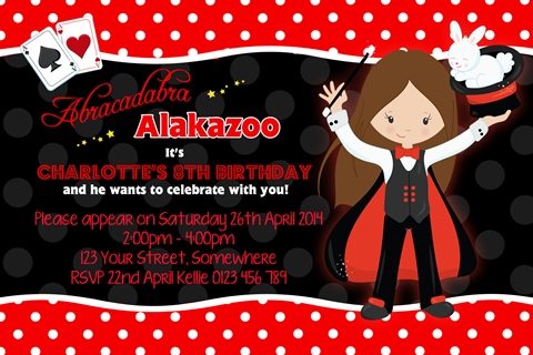 Girls Magic magician rabbit birthday party invitations