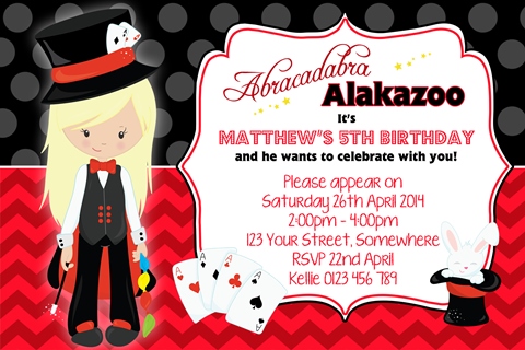 Girls Magic magician rabbit birthday party invitations